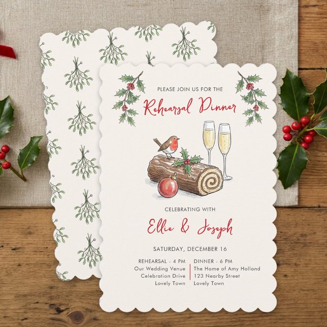 Convite Jantar de Ensaios de Natal Caprichoso com Tora de  (Rehearsal Dinner Invite from the Whimsical Champagne Tower Holiday Wedding Suite by Darling & May)