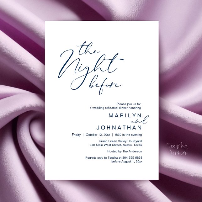 Convite Jantar de Ensaios de Noivado Moderno na Véspera do (Modern The Night Before Wedding Rehearsal Dinner Invitation Card in Navy Blue)