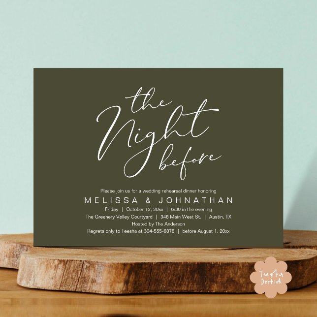 Convite Jantar de Ensaios de Noivado Romântico da Noite An (The Night Before Romantic Modern Wedding Rehearsal Dinner Aesthetic Invites PDF Classy Olive Green)