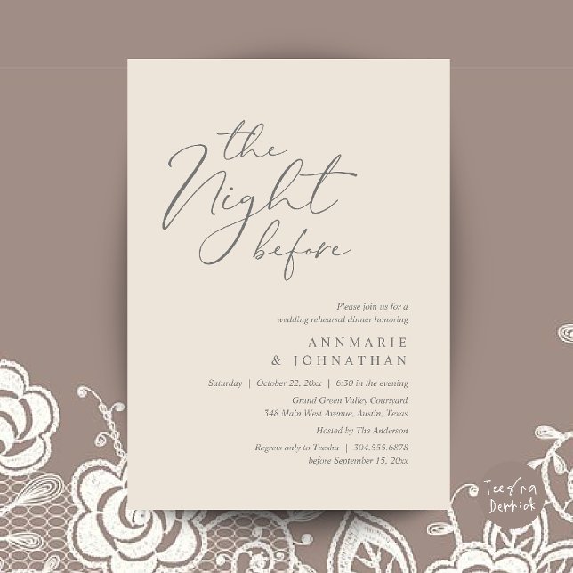 Convite Jantar de Ensaios de Noivado Romântico na Véspera  (The Night Before Romantic Wedding Rehearsal Dinner Invitation Card in Cream and Grey)