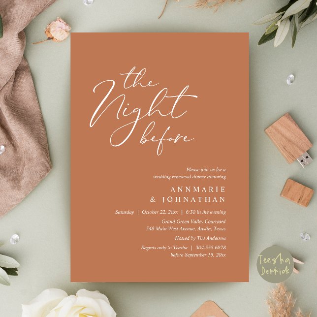 Convite Jantar de Ensaios de Noivado Romântico na Véspera  (The Night Before Romantic Wedding Rehearsal Dinner Invitation Card in Copper Terracotta )
