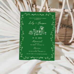 Convite Jantar de Ensaios Desenhado à Mão em Creme Verde