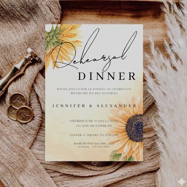 Convite Jantar de Ensaios do Girassol do Campo Rústico (Rustic Country Sunflower Rehearsal Dinner Invitation)