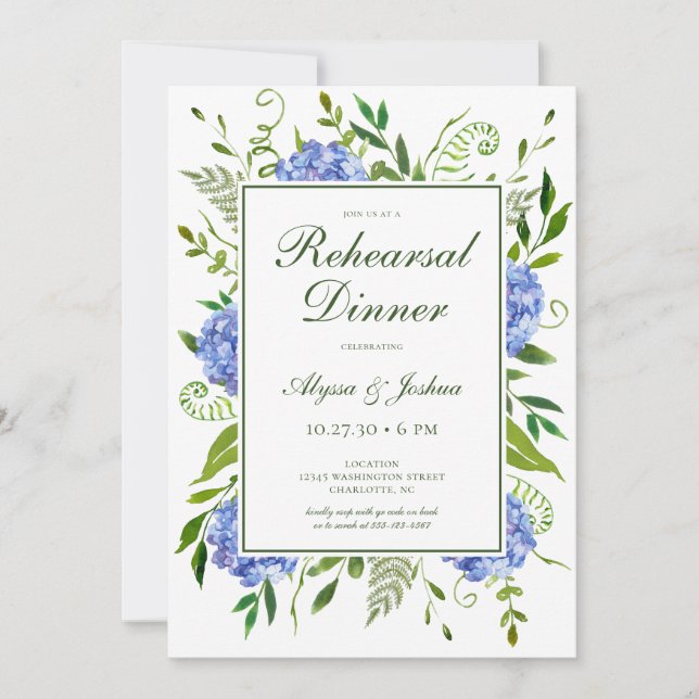 Convite Jantar de Ensaios do Script Blue Hydrangeas (Frente)