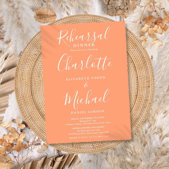 Convite Jantar de Ensaios do Script de Assinatura de Pêsse (Peach Signature Script Rehearsal Dinner Invitation)
