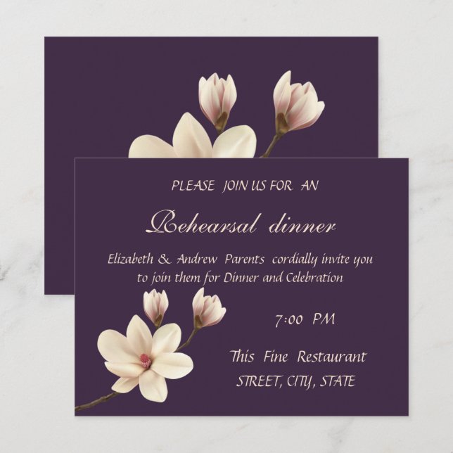 Convite Jantar de Ensaios Elegant Chic Magnolia (Frente/Verso)