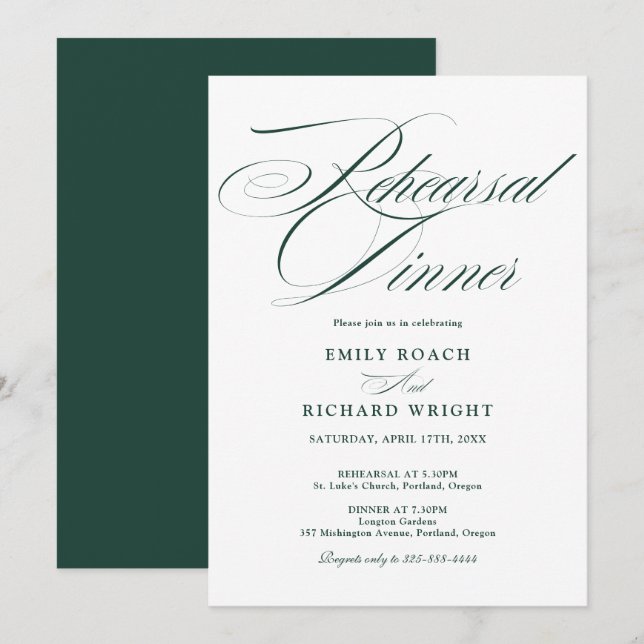 Convite Jantar de Ensaios Elegant Script Esmeralda Verde (Frente/Verso)