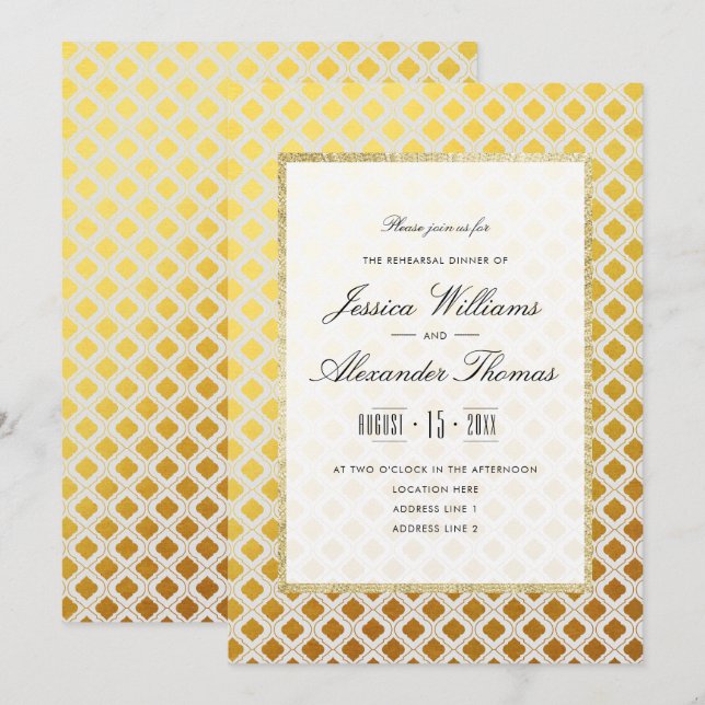 Convite Jantar de Ensaios Elegante Dourado e Branco (Frente/Verso)