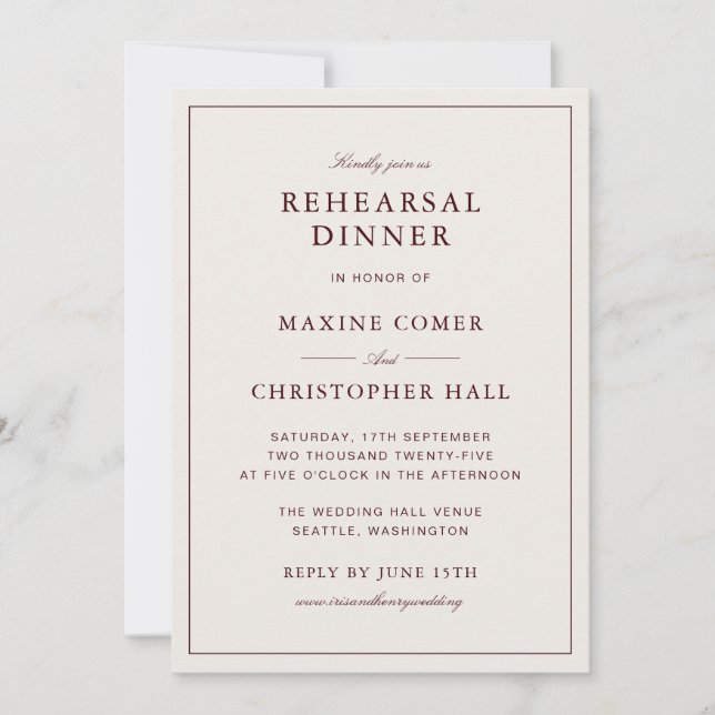 Convite Jantar de Ensaios Elegante Formal em Marfim e Borg (Frente)