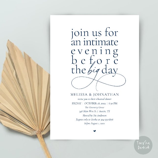 Convite Jantar de Ensaios Elegante Noite Íntima (Modern Elegant Rehearsal Dinner Intimate Evening before big day Invitation Card in Navy Blue)