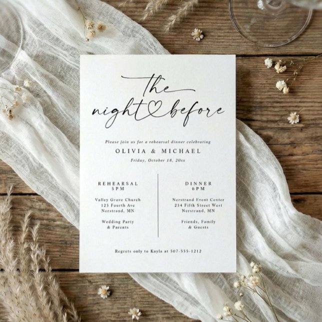Convite Jantar de Ensaios Elegante Preto e Branco com Cali (Elegant rehearsal dinner invitations - The Night Before handwriting script with heart.)