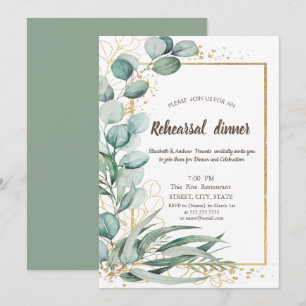 Convite Jantar de Ensaios Elegante Verde Eucalipto Dourado