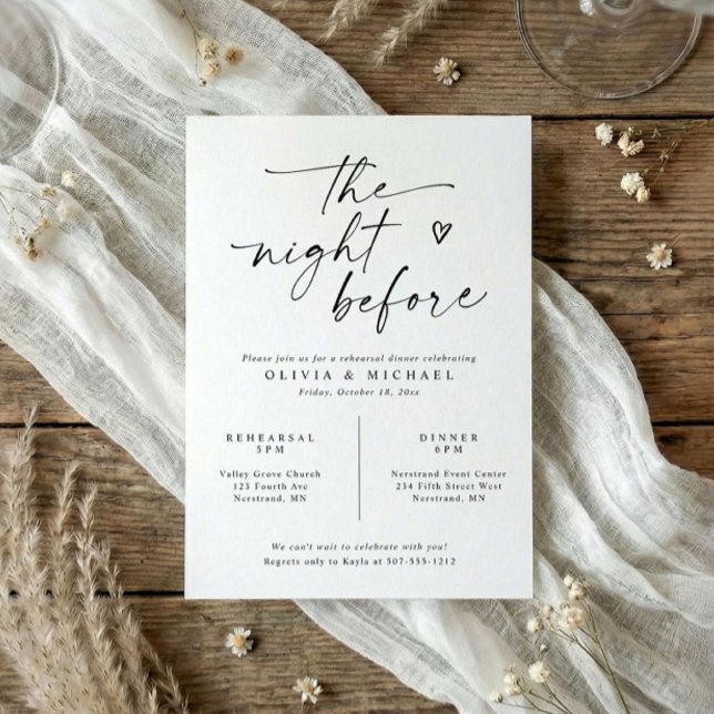 Convite Jantar de Ensaios Escrita Moderna Preta e Branca (Modern black and white rehearsal dinner invitation with handwritten script heart)