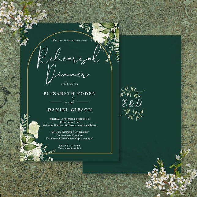 Convite Jantar de Ensaios Esmeralda Verde Dourado Arco (Gold Arch Emerald Greenery Rehearsal Dinner Invitation)