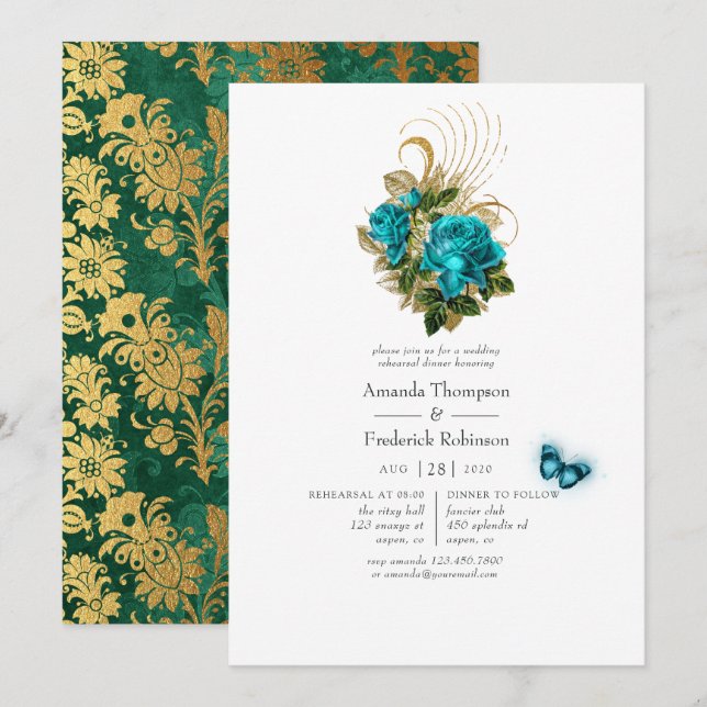 Convite Jantar de Ensaios Fantasia Turquesa e Dourado (Frente/Verso)