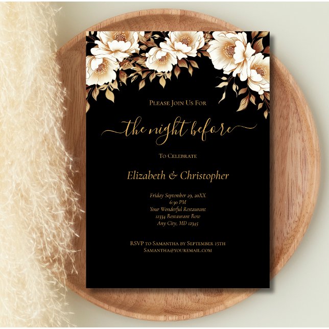 Convite Jantar de Ensaios Florais Black Gold Night Before (Black Gold Floral The Night Before Wedding Rehearsal Dinner Invitation. Printed or Digital.)