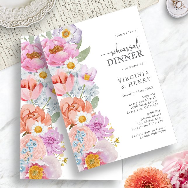 Convite Jantar de Ensaios Florais Brilhantes (Bright Floral Rehearsal Dinner Invitation by Painted Paperie
)