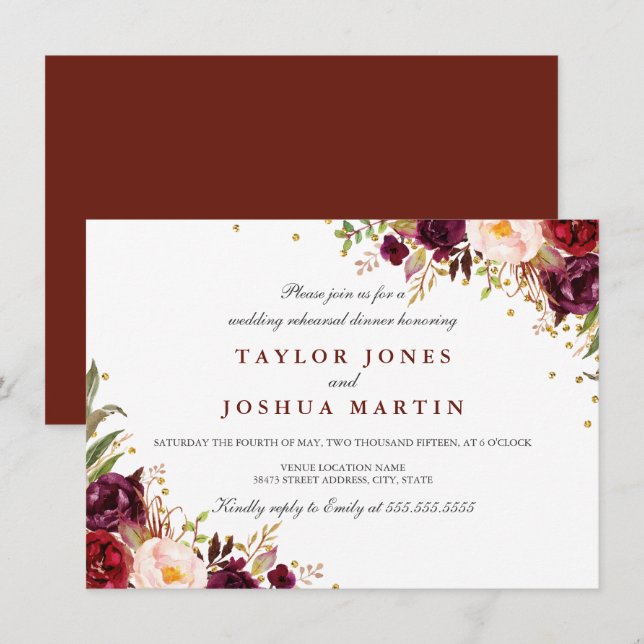 Convite Jantar de Ensaios Florais Burgundy Sparkle (Frente/Verso)