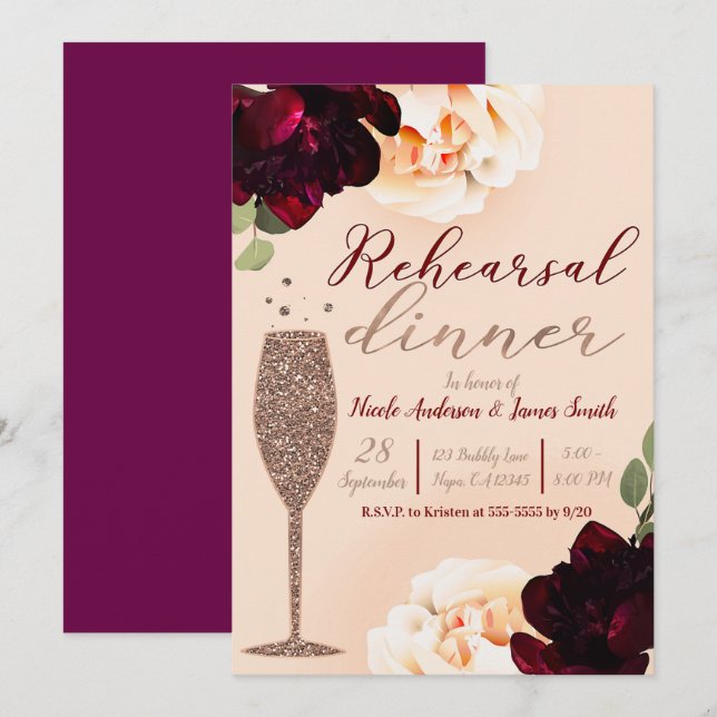 Convite Jantar de Ensaios Florais com Champanhe e Marsala  (Frente/Verso)