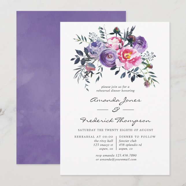 Convite Jantar de Ensaios Florais de Aquarela Violeta e Ro (Frente/Verso)