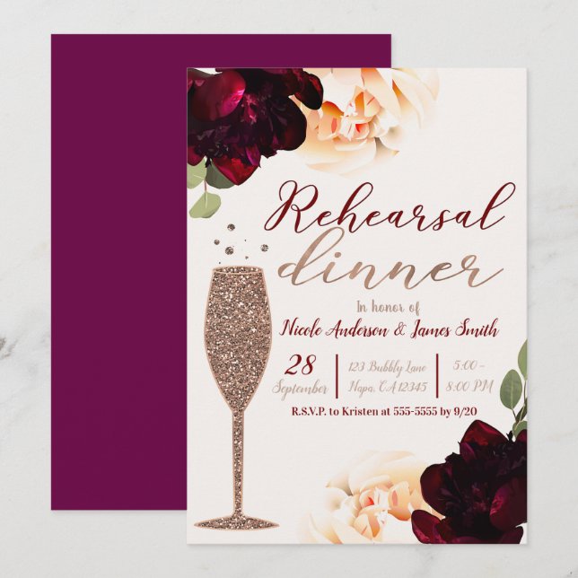 Convite Jantar de Ensaios Florais de Champanhe Rosa Dourad (Frente/Verso)