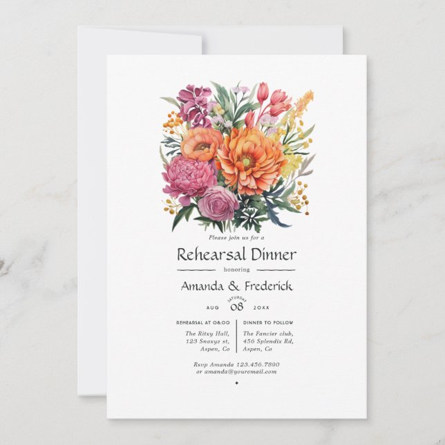 Convite Jantar de Ensaios Florais Rosa, Laranja e Verde (Frente)