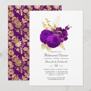 Convite Jantar de Ensaios Florais Roxo e Dourado Vintage