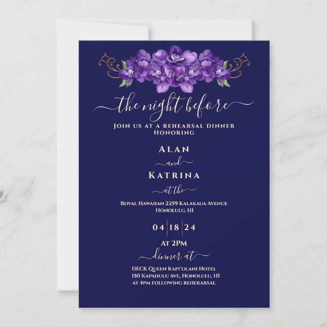 Convite Jantar de Ensaios Florais Violeta Azul-Marinho (Frente)