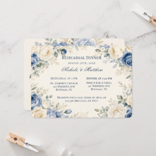 Convite Jantar de Ensaios Floral Azul e Creme