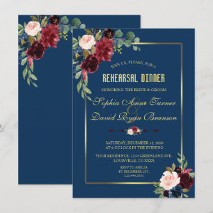 Convite Jantar de Ensaios Floral Azul Marinho Borgonha Dou