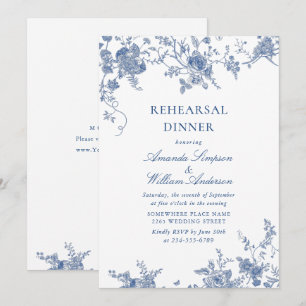 Convite Jantar de Ensaios Floral Azul Vitoriano Elegante
