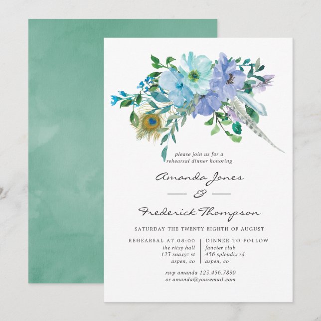 Convite Jantar de Ensaios Floral Boho com Hortelã e Azul (Frente/Verso)
