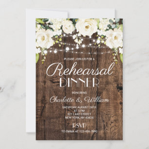 Convite Jantar de Ensaios Floral Branco de Madeira Rústica