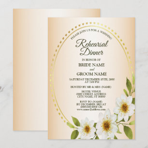 Convite Jantar de Ensaios Floral Branco Dourado de Casamen
