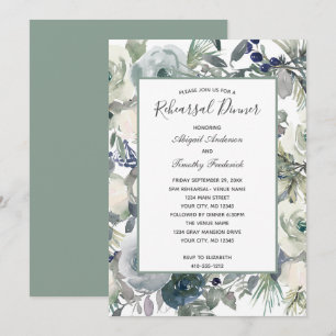 Convite Jantar de Ensaios Floral Branco Verde Azul Elegant