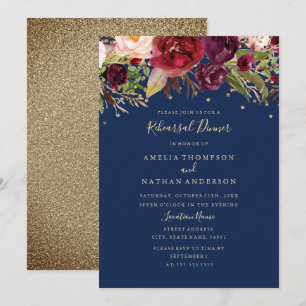Convite Jantar de Ensaios Floral Burgundy Gold Navy