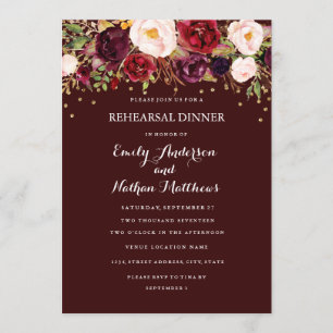 Convite Jantar de Ensaios Floral Confete Dourado Borgonha