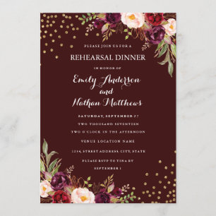Convite Jantar de Ensaios Floral Confete Dourado Borgonha