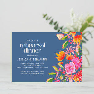 Convite Jantar de Ensaios Floral em Aquarela Azul Chic Ros