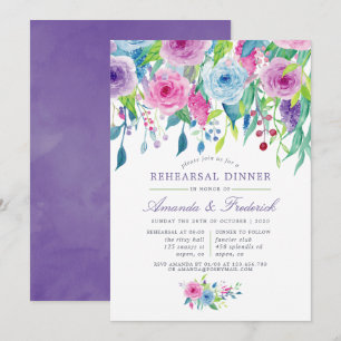 Convite Jantar de Ensaios Floral em Aquarela Violeta Ultra