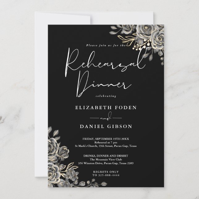Convite Jantar de Ensaios Floral Gótico Branco e Dourado (Frente)