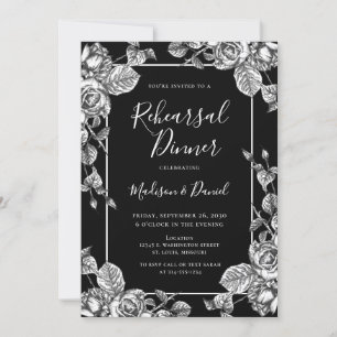 Convite Jantar de Ensaios Floral Preto e Branco Elegante