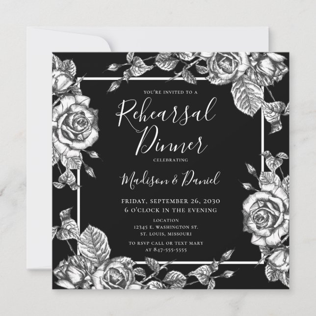 Convite Jantar de Ensaios Floral Preto e Branco Elegante (Frente)
