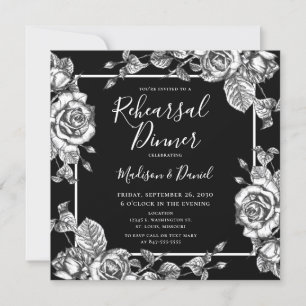 Convite Jantar de Ensaios Floral Preto e Branco Elegante