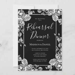 Convite Jantar de Ensaios Floral Preto e Branco Elegante
