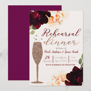 Convite Jantar de Ensaios Floral Rosa Champagne Dourado