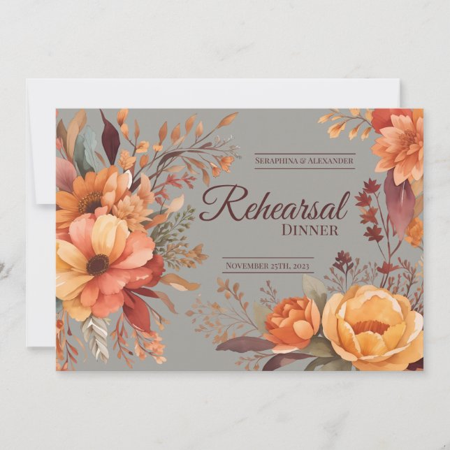 Convite Jantar de Ensaios Floral Rústico em Aquarela de Ou (Frente)