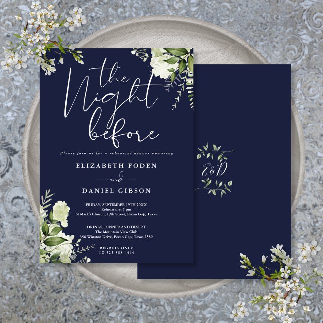 Convite Jantar de Ensaios Floral Verde Azul-Navy (Greenery Floral Navy Blue Rehearsal Dinner Invitation)