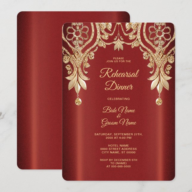 Convite Jantar de Ensaios Floral Vermelho Dourado Moderno (Frente/Verso)