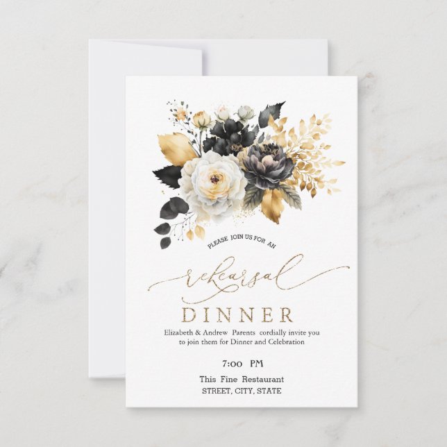 Convite Jantar de Ensaios Flores Preto Branco Dourado (Frente)